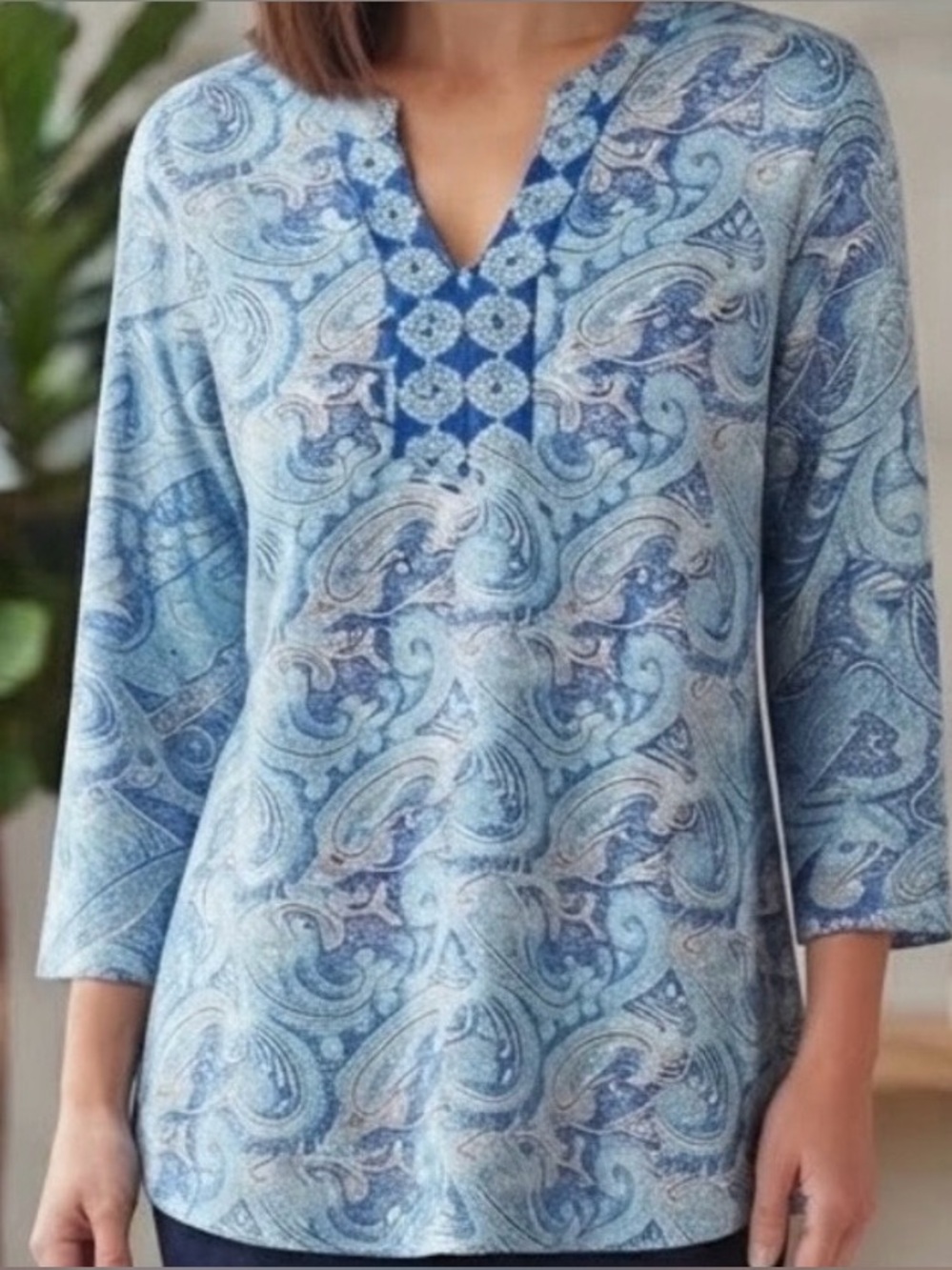 Talbots Blue & White Paisley V-Neck Tunic Blouse Large Boho